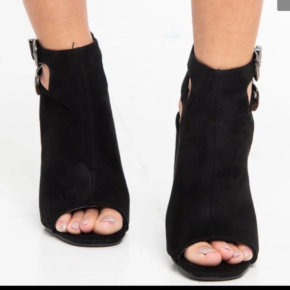 Black Faux Suede Peep Toe Block Heel Boots with buckle detailing Size 6 - Picture 8 of 15